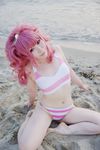  anya_alstreim arm_support barefoot beach bikini code_geass cosplay destiny_doll flat_chest head_tilt lipstick makeup navel outdoors photo pink_hair ponytail red_eyes ryuuhime sitting smile solo striped striped_bikini striped_swimsuit swimsuit tankini tatsuki water 