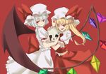  bat_wings blonde_hair blood flandre_scarlet hat multiple_girls nabeshima_tetsuhiro one_side_up ponytail red_eyes remilia_scarlet short_hair siblings silver_hair sisters skull touhou wings 