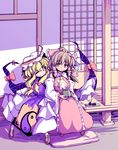  annoyed blonde_hair bow brown_hair eruichi_(redphantom) gap hakurei_reimu hand_on_head japanese_clothes long_hair multiple_girls one_eye_closed ribbon shouji sitting sliding_doors smile touhou yakumo_yukari yellow_eyes 