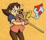  brown_hair cropped_jacket crotch_plate earrings faux_traditional_media gloves green_eyes hair_pulled_back hairband instrument jewelry no_(50401234567) pantyhose pink_hairband pun rockman rockman_dash solo trombone tron_bonne 