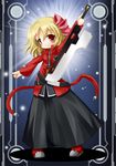  bad_hands black_pants blazblue blonde_hair chibi cosplay hair_ribbon highres koha pants ragna_the_bloodedge ragna_the_bloodedge_(cosplay) red_eyes ribbon rumia short_hair solo sword touhou weapon 