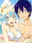  1boy 1girl bad_id bad_pixiv_id beach bikini_top blue_hair breasts cleavage couple day front-tie_top hetero large_breasts mosako multicolored_hair nia_teppelin outdoors ponytail shirtless simon smile swimsuit tegaki tengen_toppa_gurren_lagann two-tone_hair water 