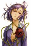  bad_id bad_pixiv_id breasts eyes face hairband heart komeiji_satori kurione_(zassou) looking_at_viewer messy_hair open_clothes open_shirt pink_eyes purple_hair shirt short_hair small_breasts solo staring third_eye touhou unbuttoned 