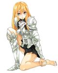  aqua_eyes armor bad_id bad_pixiv_id barefoot blonde_hair corset greaves kakaaru long_hair one_knee original shoes simple_background single_shoe skirt solo 