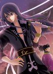  bad_id bad_pixiv_id black_eyes black_hair bracelet jewelry left-handed long_hair male_focus multiple_boys nina_(pastime) over_shoulder ponytail purple_background raven_(tales) sheath sheathed sword tales_of_(series) tales_of_vesperia weapon weapon_over_shoulder yuri_lowell 