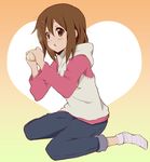  baozi breath brown_eyes brown_hair food hirasawa_yui hood hoodie k-on! raglan_sleeves short_hair socks solo tom_(takefumi) 