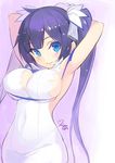  arm_ribbon arms_up artist_name black_hair blue_eyes blue_ribbon blush breasts cleavage covered_navel dress dungeon_ni_deai_wo_motomeru_no_wa_machigatteiru_darou_ka gloves hair_ornament hair_ribbon hestia_(danmachi) large_breasts lips long_hair looking_at_viewer minoa_(lastswallow) pulling purple_hair rei_no_himo ribbon signature solo white_dress white_gloves 