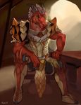  2015 anthro armor chair claws dragon green_eyes hair horn looking_at_viewer red_scales rhyu scalie sitting smile solo table warrior white_hair 