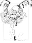  ascot bad_id bad_twitter_id dated flandre_scarlet greyscale hat highres monochrome monokurokenkenpa open_mouth ribbon short_hair side_ponytail sketch smile solo touhou wings 