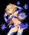  armor bikini bikini_armor black_background blonde_hair blue_eyes breasts cleavage grin highres kaida_michi long_hair looking_at_viewer navel one_eye_closed original senjou_no_electro_girl showgirl_skirt simple_background small_breasts smile solo swimsuit thighhighs underboob 