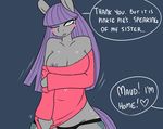  &lt;3 2015 anthro areola big_breasts blush breasts cleavage clothed clothing earth_pony english_text equine erect_nipples friendship_is_magic horse mammal maud_pie_(mlp) my_little_pony nipple_slip nipples pony solo somescrub text 