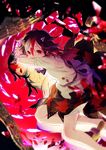  akka black_hair broken_mirror commentary different_reflection dress highres kijin_seija looking_at_viewer lying mirror multicolored_hair on_stomach oni_horns pink_eyes print_dress red_eyes reflection sash solo streaked_hair tongue tongue_out touhou 