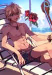  beach beach_chair blonde_hair blue_eyes flower hibiscus jewelry male_focus male_swimwear monado necklace nipples papiko_(tsuzukick) shulk solo swim_trunks swimwear xenoblade_(series) xenoblade_1 
