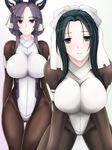  android bastard_(entasis) black_hair bodysuit breasts green_eyes hair_ribbon horns kazuno_(horizon) kyoukaisenjou_no_horizon large_breasts long_hair looking_at_viewer multiple_girls musashi_(horizon) purple_eyes purple_hair ribbon 