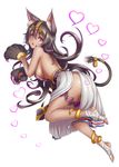  animal_ears bandages bastet_(monster_strike) black_hair blush breasts cat_ears cat_tail claws dark_skin gloves heart highres irudana jewelry large_breasts long_hair looking_at_viewer monster_strike paw_gloves paws purple_eyes sideboob simple_background solo tail white_background 