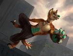  2015 abs anthro brown_fur brown_spots building claws clothed clothing cloud dinosaur fur green_eyes green_skin half-dressed hybrid hyena jumping male mammal outside pants parkour pawpads paws rhyu roof sky solo spikes spotted_hyena topless white_fur 