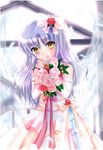  angel_beats! angel_wings bouquet dress elbow_gloves flower gloves highres long_hair mogupuchi rose silver_hair tenshi_(angel_beats!) veil wedding wedding_dress wings yellow_eyes 