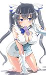  all_fours barefoot black_hair blue_eyes blue_ribbon breasts cleavage cleavage_cutout condom condom_in_mouth dress dungeon_ni_deai_wo_motomeru_no_wa_machigatteiru_darou_ka gloves hair_ornament hestia_(danmachi) highres large_breasts long_hair looking_at_viewer mouth_hold rei_no_himo ribbon short_dress sinzan sleeveless sleeveless_dress solo twintails v very_long_hair white_dress white_gloves 