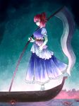  \||/ boat bobby_socks breasts flower full_body hair_ornament hair_ribbon highres holding large_breasts onozuka_komachi profile puffy_short_sleeves puffy_sleeves red_eyes red_hair ribbon scythe short_hair short_sleeves skirt socks solo spider_lily standing tauta_(meshia8787) touhou two_side_up water watercraft 