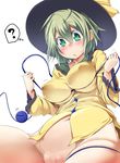  ? aki_(akikaze_asparagus) belly blush bottomless breasts covered_nipples eyeball green_eyes hat komeiji_koishi large_breasts navel out-of-frame_censoring parody rei_no_himo short_hair simple_background solo spoken_question_mark third_eye touhou white_background 