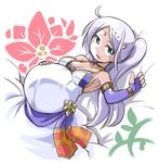  bare_shoulders blue_eyes breasts cleavage commentary_request crescent crescent_hair_ornament dress elbow_gloves fingerless_gloves gloves hair_ornament kugelschreiber long_hair medium_breasts original ponytail pregnant purple_hair smile solo 