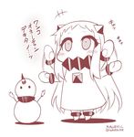  1girl blush chibi commentary covered_mouth dress horn horns kantai_collection long_hair mittens monochrome northern_ocean_hime objectification seaport_hime shinkaisei-kan snowman solo translated very_long_hair waving_arms yamato_nadeshiko 