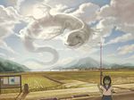 brown_hair catcar0983 cloud dragon flying giant mountain open_mouth original rice_paddy scenery school_uniform short_hair sky smile v 