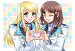  artist_request blonde_hair blush brown_hair clenched_teeth eva_frost female green_eyes grin hair_ornament hairclip happy heart heart_hands heart_hands_duo highres jacket kiraki lips long_hair looking_at_viewer multiple_girls mutual_yuri one_eye_closed open_mouth sheila_levitt short_hair smile teeth terra_formars uniform wink yuri 