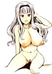  bad_id bad_pixiv_id breasts hairband huge_breasts idolmaster idolmaster_(classic) long_hair looking_at_viewer nipples no.gomesu nude open_mouth pink_eyes pubic_hair puffy_nipples pussy shijou_takane sketch solo white_hair 