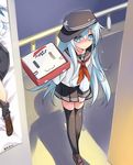  aqua_eyes black_legwear embarrassed hat hibiki_(kantai_collection) kantai_collection long_hair md5_mismatch pizza_box pizza_delivery pizza_hut rei_(rei's_room) rensouhou-chan school_uniform serafuku silver_hair skirt solo thighhighs 