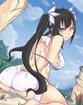  arm_ribbon artist_name ass backless_dress backless_outfit bare_shoulders barefoot black_hair blue_eyes blue_ribbon blue_sky blush breasts bush butt_crack cleavage_cutout cloud cloudy_sky day dress dungeon_ni_deai_wo_motomeru_no_wa_machigatteiru_darou_ka from_behind gloves grass hair_ornament hair_ribbon hestia_(danmachi) highres large_breasts long_hair looking_at_viewer looking_back midriff monument outdoors panties pantyshot pantyshot_(sitting) rei_no_himo ribbon short_dress sitting sky sleeveless sleeveless_dress smile solo spiz stone tower tree twintails underwear wariza white_dress white_gloves 