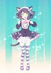  animal_ears bell black_hair blush bow cat_ears cat_tail curly_hair cyan_(show_by_rock!!) dress frilled_dress frills green_eyes hair_ornament looking_at_viewer misaka_(msk_li) open_mouth pink_bow ribbon show_by_rock!! solo striped striped_legwear tail thighhighs 