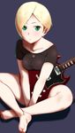  amano_don bad_id bad_pixiv_id barefoot blonde_hair earrings electric_guitar feet green_eyes guitar highres indian_style instrument jewelry legs necklace original ring shadow short_hair simple_background sitting soles solo toe_scrunch toes v_arms 