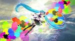  abstract_background alternate_costume aqua_eyes aqua_hair beamed_eighth_notes chris4708 colorful eighth_note half_note hatsune_miku highres long_hair midriff musical_note navel necktie open_mouth skirt smile solo speech_bubble spoken_musical_note tell_your_world_(vocaloid) thighhighs twintails very_long_hair vocaloid zettai_ryouiki 