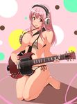  bikini blush breasts electric_guitar fingernails guitar headphones highres instrument kneeling large_breasts long_hair looking_at_viewer mikaponcho nail_polish navel nitroplus open_mouth pink_hair plectrum red_eyes shiny shiny_skin side-tie_bikini skindentation smile solo strap_gap striped striped_bikini super_sonico swimsuit 