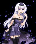  bare_shoulders black_background black_legwear breasts garter_straps highres jewelry kaida_michi long_hair medium_breasts necklace original purple_eyes senjou_no_electro_girl smile solo thighhighs 