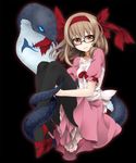  black-framed_eyewear black_background black_legwear brown_hair glasses hair_ribbon hairband high_heels highres kaida_michi original pantyhose red_footwear ribbon senjou_no_electro_girl shoes simple_background snake solo 