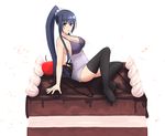  1girl artist_request bad_id black_legwear breasts cake camisole female food honda_futayo kyoukaisenjou_no_horizon large_breasts purple_eyes see-through solo thighhighs 