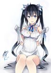  arm_ribbon bad_id bad_pixiv_id black_hair blue_eyes blue_ribbon breasts cleavage dress dungeon_ni_deai_wo_motomeru_no_wa_machigatteiru_darou_ka gloves hair_ornament hair_ribbon hestia_(danmachi) highres keid long_hair medium_breasts rei_no_himo ribbon sitting smile solo twintails very_long_hair white_dress 