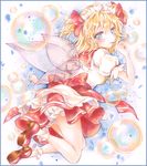  ankle_socks bloomers blue_eyes border bubble bubble_blowing colored_pencil_(medium) fairy_wings flying folded_leg gradient gradient_background hair_ribbon headdress looking_at_viewer looking_back marker_(medium) potto puffy_short_sleeves puffy_sleeves red_hair ribbon short_hair short_sleeves skirt solo sunny_milk touhou traditional_media twintails underwear watercolor_(medium) wings 