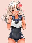  ;d blonde_hair blue_eyes clenched_hands collarbone cowboy_shot crop_top flower hair_flower hair_ornament highres kantai_collection long_hair looking_at_viewer one-piece_swimsuit one_eye_closed open_mouth ro-500_(kantai_collection) sailor_collar school_swimsuit school_uniform serafuku smile solo swimsuit swimsuit_under_clothes tan tanline tsukui_kachou 