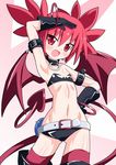  :d armpits belt black_gloves choker demon_tail demon_wings disgaea etna fang flat_chest gloves hand_on_hip kagerou_(kers) navel open_mouth red_eyes red_hair short_hair smile tail twintails wings 
