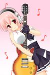  atsu_nyan between_breasts blush breasts electric_guitar guitar headphones instrument large_breasts les_paul long_hair looking_at_viewer necktie necktie_between_breasts nitroplus pink_hair red_eyes smile solo super_sonico 
