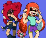  anemo_(splatoon) aqua_eyes belt bike_shorts blue_background breasts clenched_hands crop_top domino_mask fangs flat_chest glasses green_hair hair_over_one_eye headphones headphones_around_neck inkling long_hair mask midriff multicolored_hair multiple_girls octarian octoling orange_eyes orange_hair pink_eyes pink_hair pointy_ears red_hair shenanimation short_hair short_hair_with_long_locks sidelocks small_breasts spiked_hair splatoon_(series) splatoon_1 takozonesu tentacle_hair two-tone_hair waving 