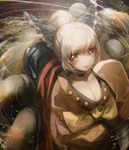  blonde_hair bow breasts choker chromatic_aberration cleavage from_above hair_bow hair_bun insect_girl japanese_clothes kimono kurodani_yamame large_breasts looking_at_viewer monster_girl multiple_legs no-kan obi red_eyes saliva sash short_hair smile solo spider_girl tongue tongue_out touhou wide_sleeves 