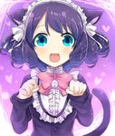  animal_ears bell black_hair blue_eyes blush bow cat_ears cat_tail curly_hair cyan_(show_by_rock!!) fang hair_ornament heiling_zhengzi looking_at_viewer open_mouth paw_pose pink_bow ribbon show_by_rock!! solo tail 