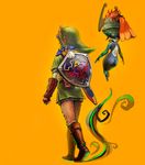  1girl absurdres ass blonde_hair butiboco from_behind helmet highres imp link long_hair midna orange_hair pointy_ears red_hair shield the_legend_of_zelda the_legend_of_zelda:_twilight_princess weapon yellow_background 