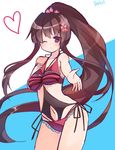  beckoning blown_kiss brown_eyes brown_hair casual_one-piece_swimsuit kantai_collection kantai_collection_(anime) long_hair looking_at_viewer one-piece_swimsuit one_eye_closed open_hand outstretched_arm ponytail solo swimsuit toushiro_moka very_long_hair yamato_(kantai_collection) 