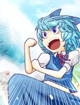  bad_id bad_pixiv_id banned_artist bird blue_eyes blue_hair blue_sky bow bras_d'honneur cirno crab emphasis_lines hair_bow knee_up midriff okahi open_mouth ribbon short_hair short_sleeves skirt skirt_set sky solo touhou wings 