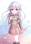  alternate_costume blue_eyes blush cherry_blossoms commentary_request hibiki_(kantai_collection) highres kantai_collection kneehighs long_hair long_sleeves open_mouth silver_hair solo sumioo_(sumikko_no_ousama) 